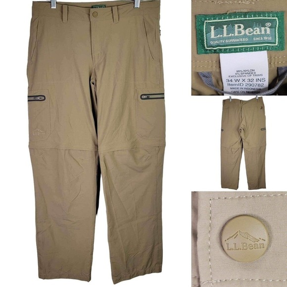 LL Bean Pants Adult 34X32 Tan Hiking Outdoors Nylon Convertible Casual Mens